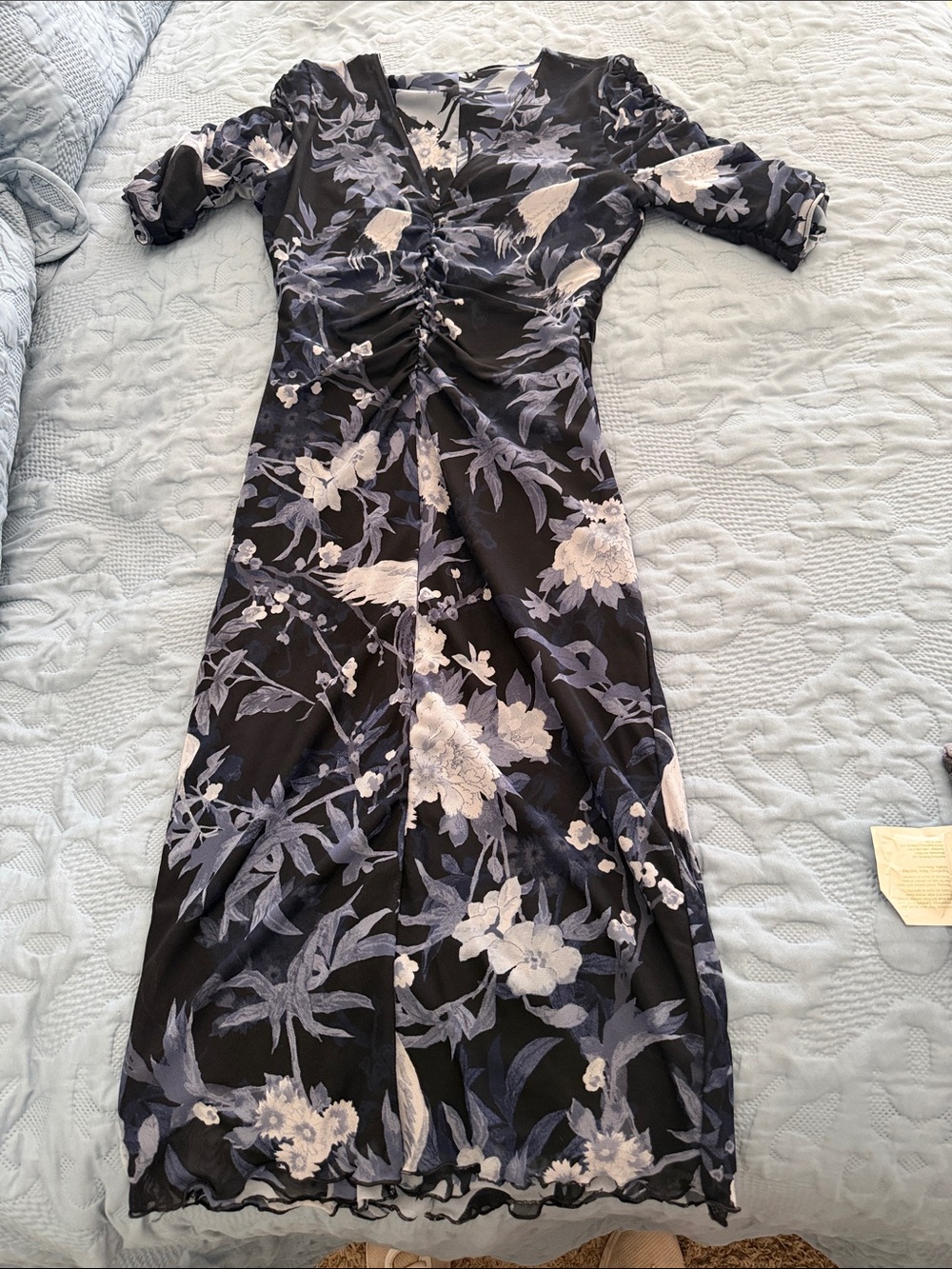 White House Black Market Black Floral Ruched Midi Dress with White & Gray Bloom